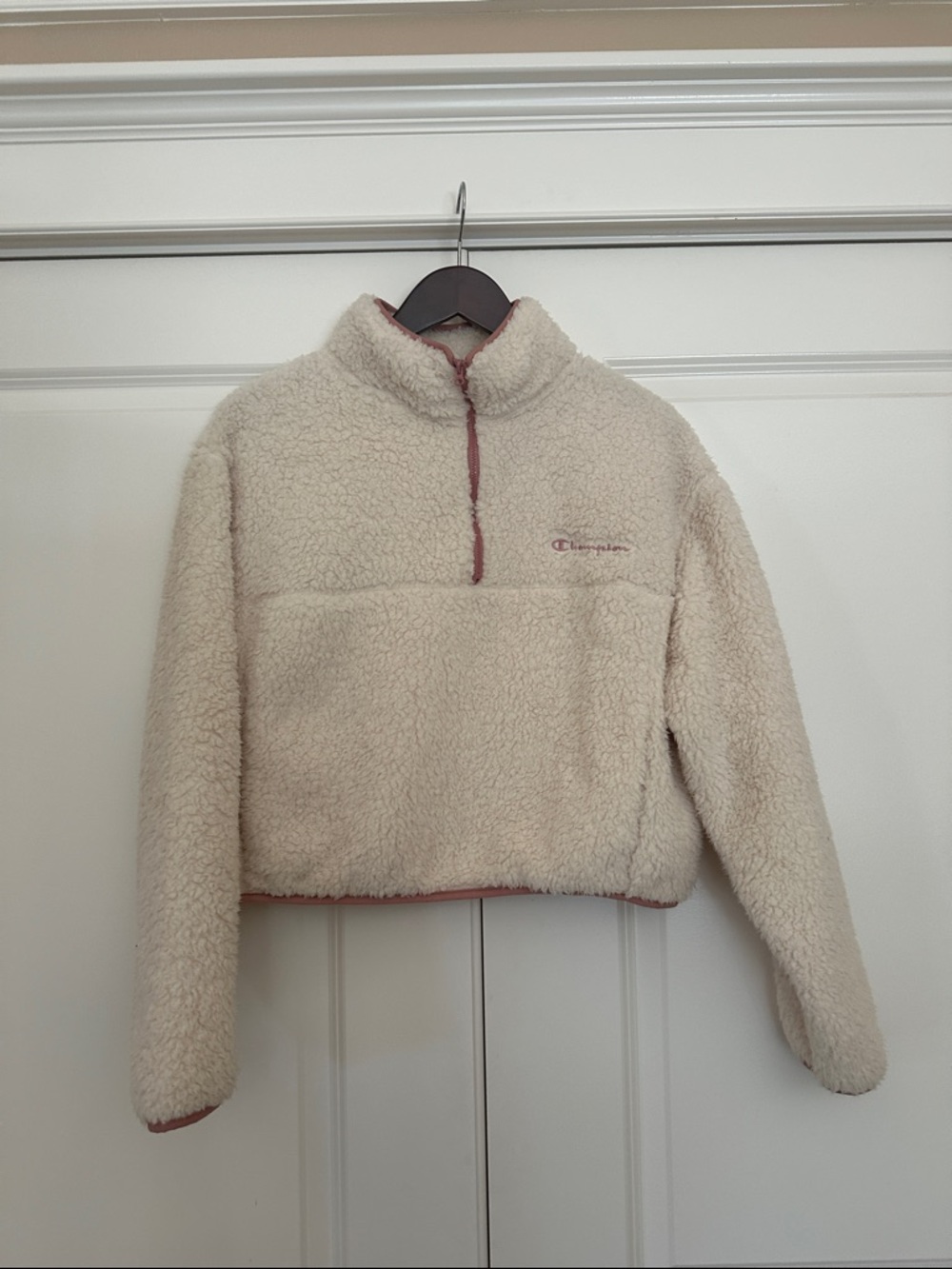 Champion 1/4 Zip Sherpa Fleece Jacket Women Size L Cream Pink Cropped Sportswear